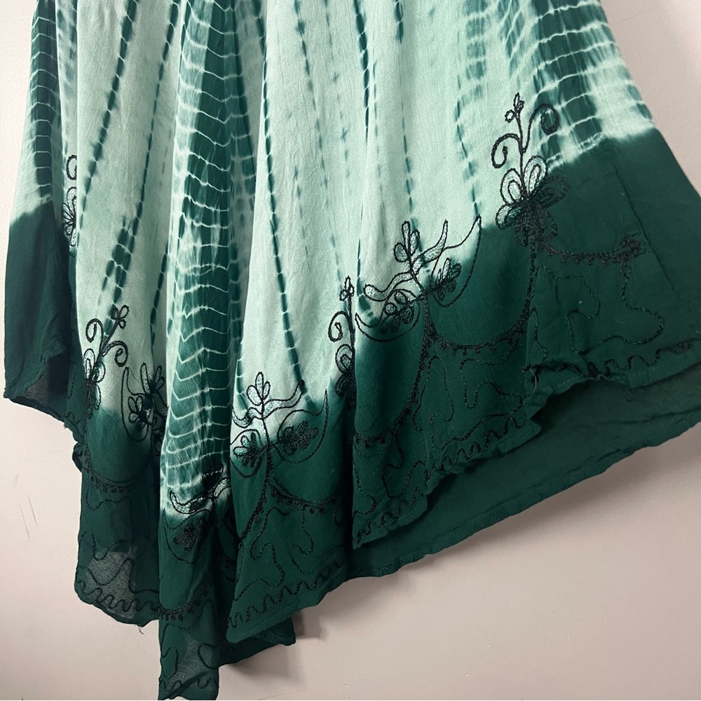 Tie Dye Green Embroidered Midi Dress Asymmetrical Hem Beach Swim Coverup Boho - Picture 4 of 12